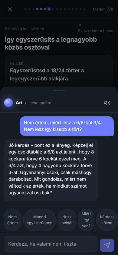 Ari telefonon, a lecke fölött nyíló panelen: a diák kérdése a 6/8-ról és a 3/4-ről, Ari válasza és a gyorsgombok.
