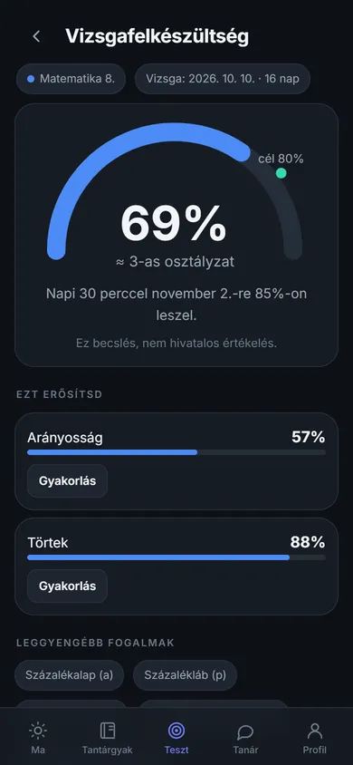 Vizsgafelkészültség: 69%, körülbelül 3-as szint, előrejelzés napi 30 perccel, a gyengébb témakörök gyakorlógombbal.