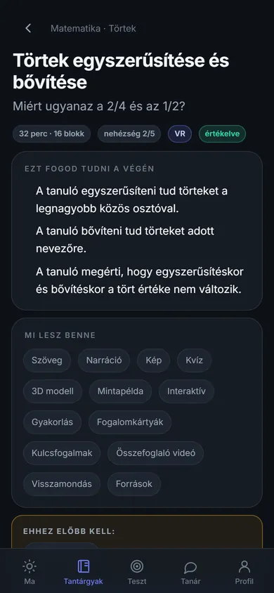 A lecke előnézete a célokkal és a leckében szereplő tartalomelemekkel.