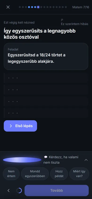 Kidolgozott példa a leckében lépésenkénti megjelenítéssel, alatta Ari gyorsgombjai.