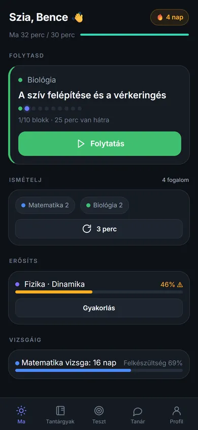 Az Egyéni Tanrend „Ma” kezdőnézete a következő leckével, az ismétlésekkel és a vizsgáig hátralévő idővel.