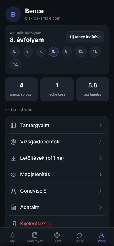 A saját profil a tanulási napok sorozatával, az elvégzett leckékkel és a tanulási órákkal.